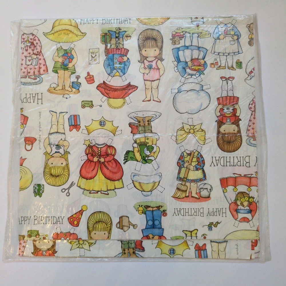 Vintage 70s Hallmark Joan Walsh Anglund Paper Dolls Birthday Wrapping Paper Pink